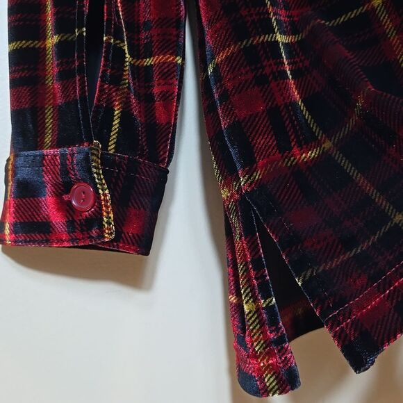 Denim&Co Plaid Velvet Button Up Blouse Top Stretch Plus Sz 1X Holiday Christmas - Picture 8 of 12
